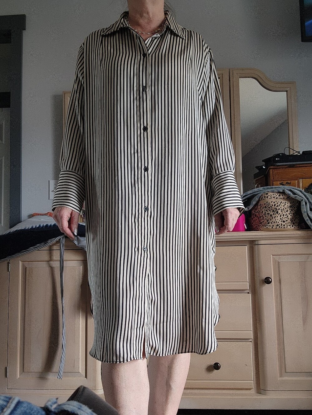 H&M Black and Cream Vertical Stripe Button-Down Shirt